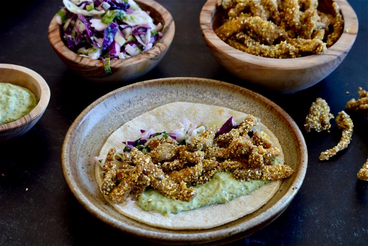 Image of Top your warmed tortilla with the coleslaw, fried oyster mushrooms,...